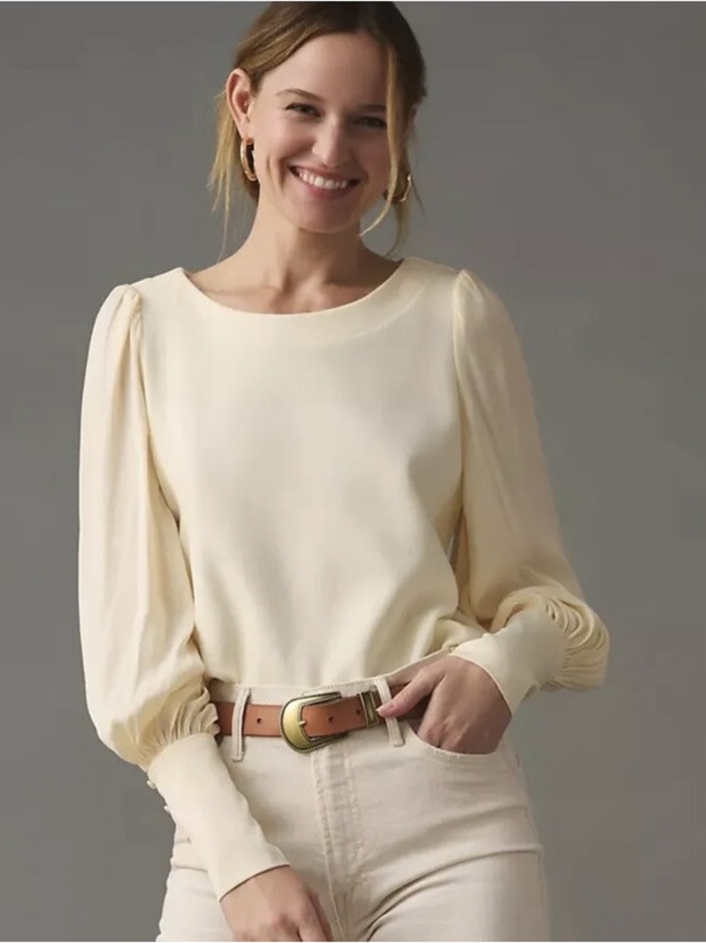 By Anthropologie XL Ivory Mixed Media Pleated Sleeve Knit Top